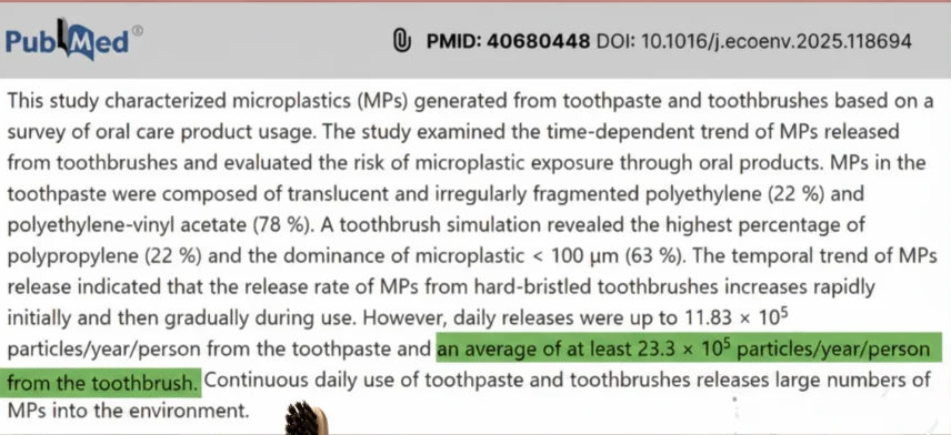 Scientific text from a PubMed article on microplastics in toothpaste and toothbrushes