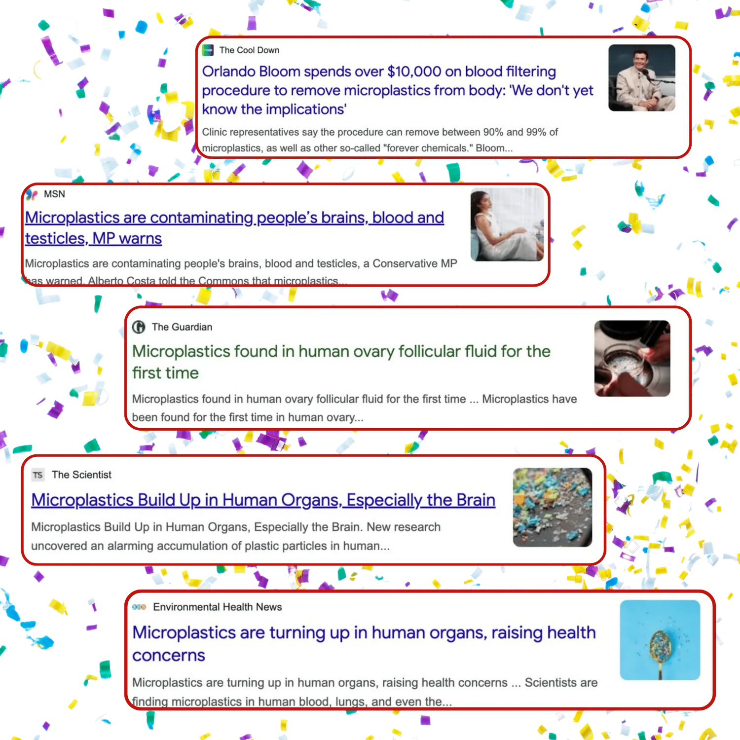 Multiple news article headlines about microplastics in human organs with colorful confetti overlay.