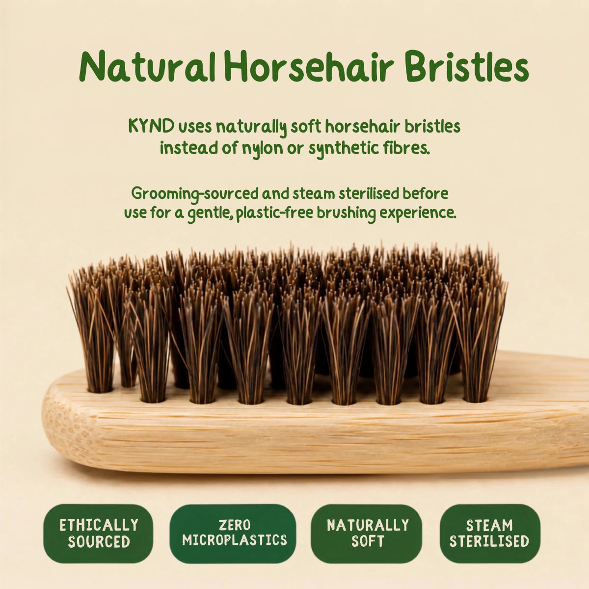 A close-up of a horsehair bristle grooming brush on a light beige background with green text explaining natural horsehair bristles and care benefits.