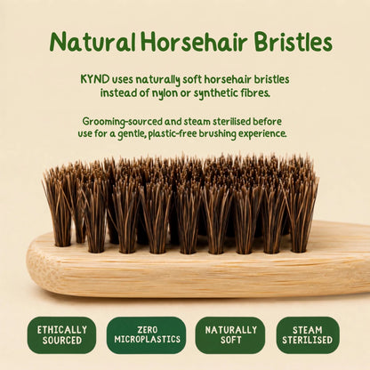 A close-up of a horsehair bristle grooming brush on a light beige background with green text explaining natural horsehair bristles and care benefits.