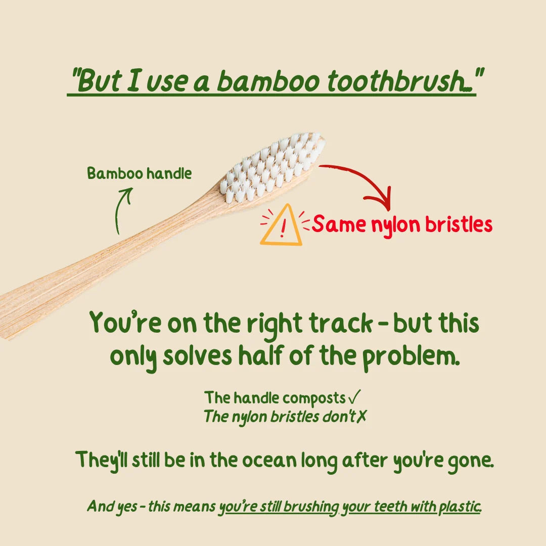 Bamboo toothbrush with text about its environmental impact on a beige background