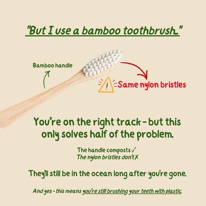 Bamboo toothbrush with text about its environmental impact on a beige background