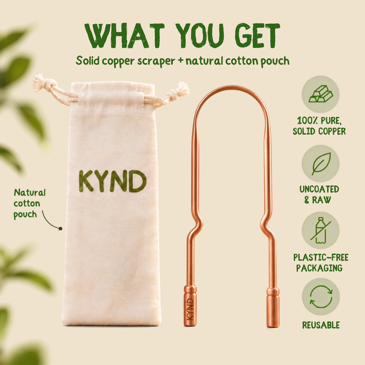 A reusable copper tongue scraper shown next to a natural cotton drawstring pouch branded KYND, with marketing text and icons on a light beige background.