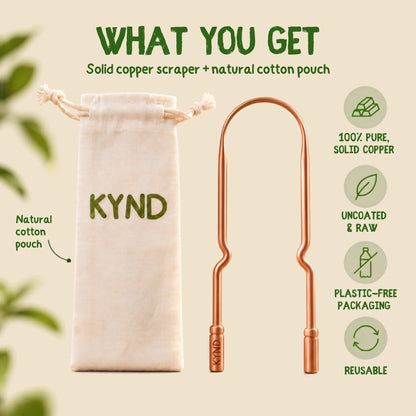 A reusable copper tongue scraper shown next to a natural cotton drawstring pouch branded KYND, with marketing text and icons on a light beige background.