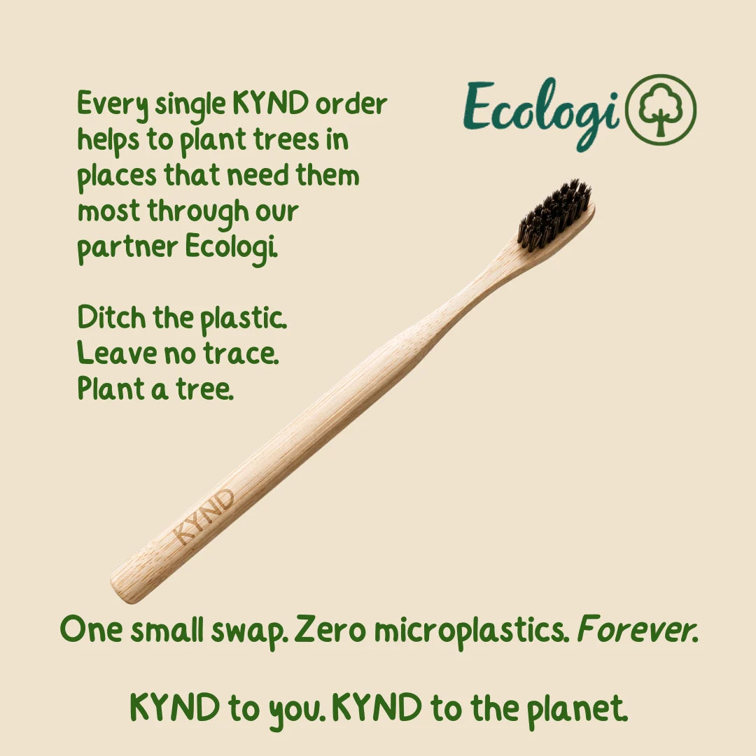 Bamboo toothbrush with text about environmental impact and Ecologi partnership on a beige background