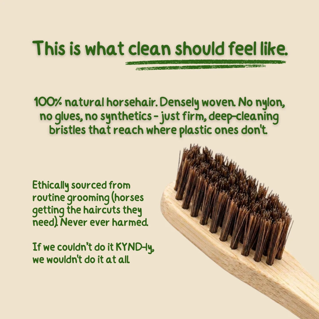 Bristle brush with text about natural horsehair bristles on a beige background