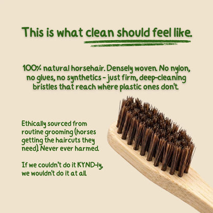Bristle brush with text about natural horsehair bristles on a beige background