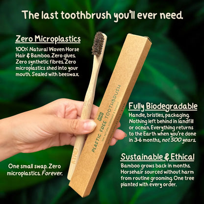 KYND bamboo and horsehair toothbrush and packaging held by a hand with sustainability information text.
