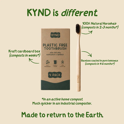 KYND plastic-free toothbrush with packaging on a beige background