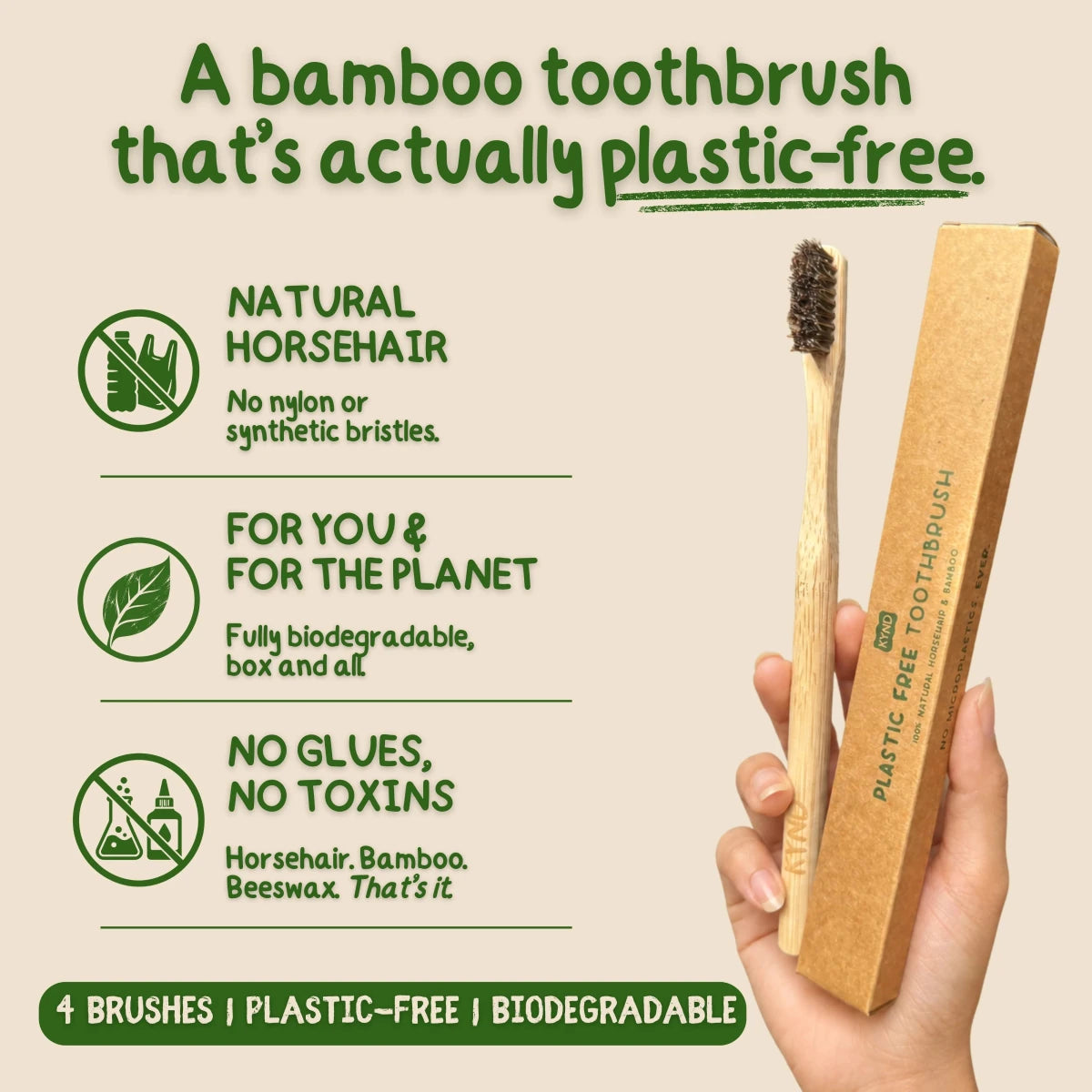 A hand holds a bamboo toothbrush next to its kraft paper box, with marketing text on a beige background highlighting natural horsehair bristles, biodegradability, and no glues or toxins.