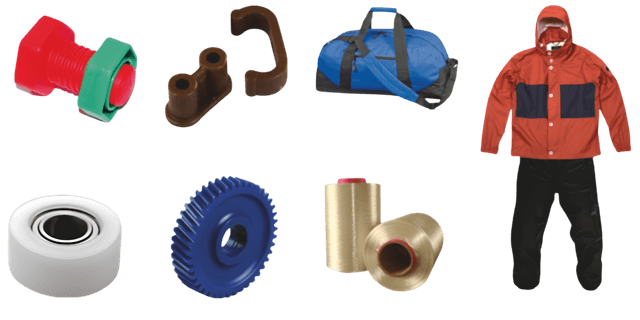 Collection of various products made with nylon like industrial parts and a red jacket