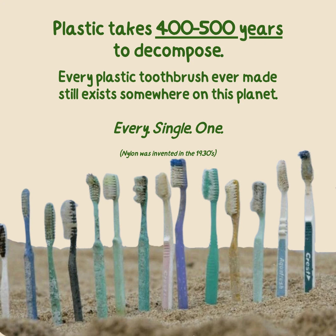 Worn-out toothbrushes in a desert landscape with text about plastic decomposition.