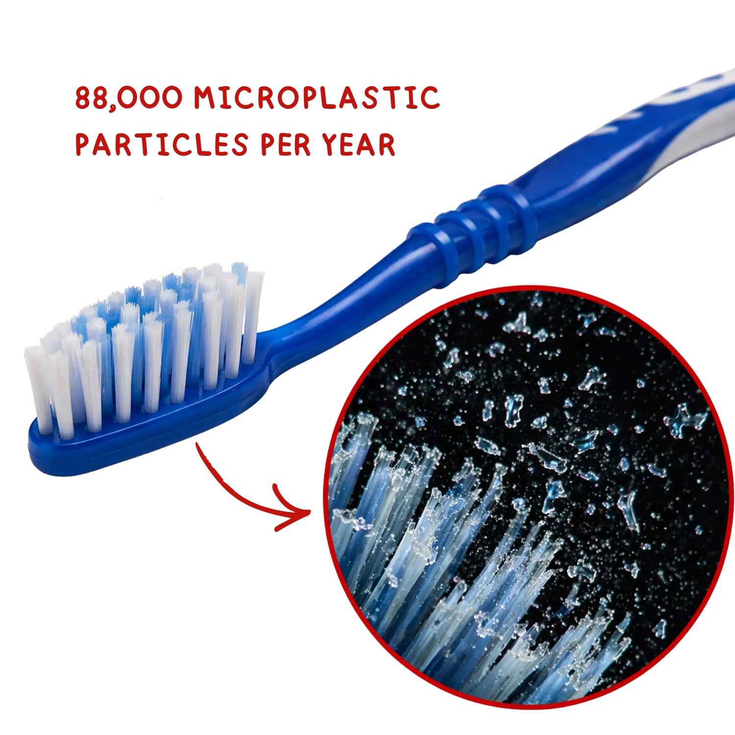 Blue toothbrush with microplastic particles on bristles and text about microplastics.